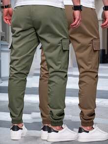 Manfinity Homme 2条装男士休闲时尚街头日常通勤简约百搭抽绳腰带翻盖口袋工装裤 - 彩色 - 查看 2