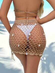 Swim Vcay 貝殼細節勾織沙灘纏腰式半身裙不附比基尼 - 卡其色 - 查看 2