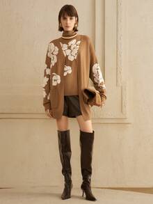 Arave Conjunto de 2 piezas de mujer con suéter de cuello alto tejido con estampado floral vintage, conjunto informal para otoño/invierno - Camel - Ver 3