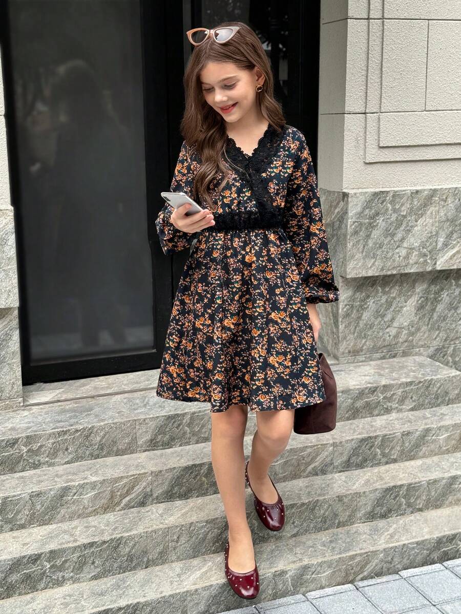 SHEIN NovaGlow Tween Girl Boho Floral V-Neck Lace Patchwork Waist Dress - Black - View 1