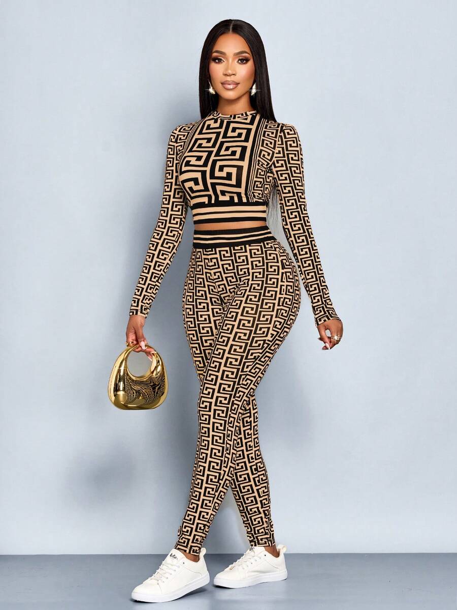 SOLERSUN Set de 2 bucăți pentru femei, toamnă/iarnă, design grafic cu imprimeu contrastant, culori lungi, top și pantaloni, set de Ziua Recunoștinței, ținute de iarnă pentru femei, haine de femei - imagine 3