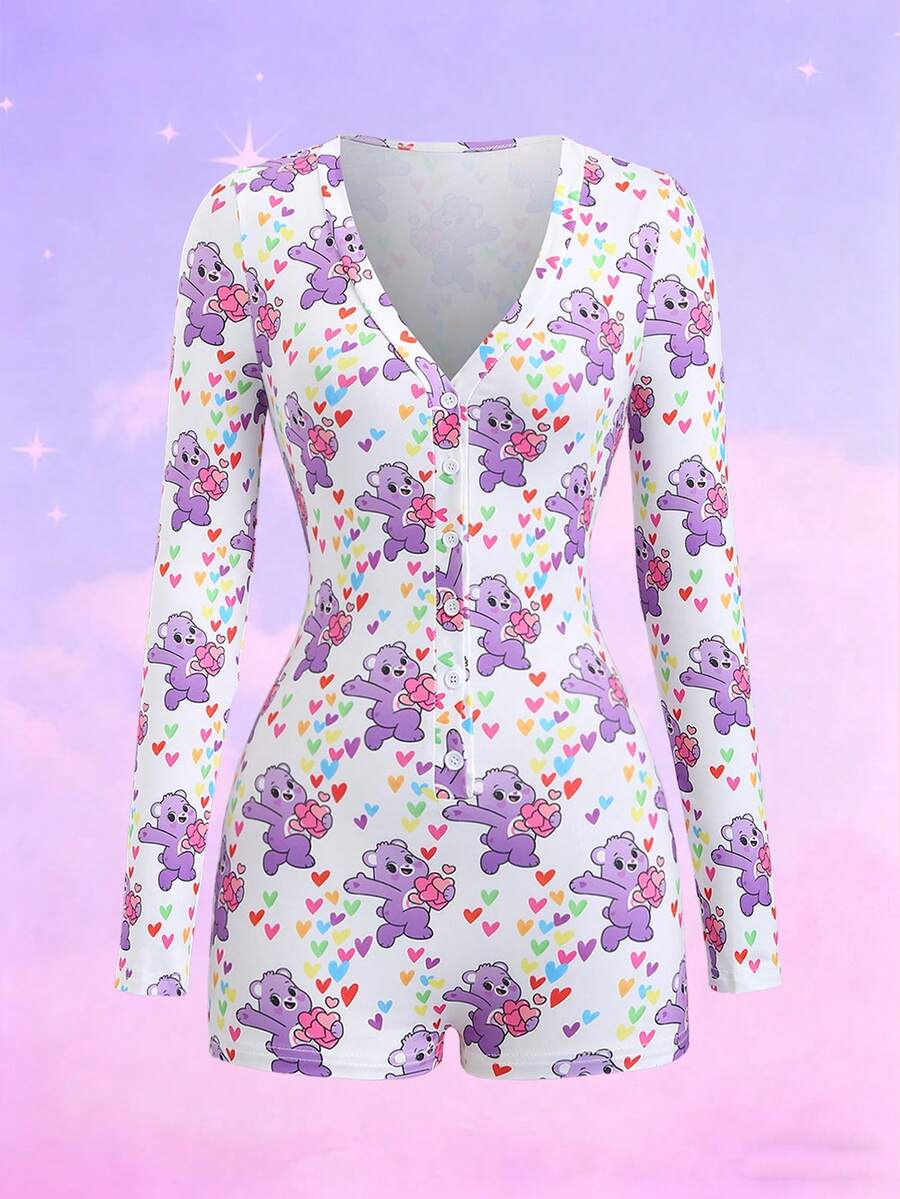 SHEIN Unity 1 bộ đồ liền thân in họa tiết cổ chữ V cài nút tay dài cho nữ, quần yếm bó sát co giãn thoải mái, đa năng cho gia đình, hẹn hò, Giáng sinh, phong cách Y2K - Nhiều màu - Xem 1