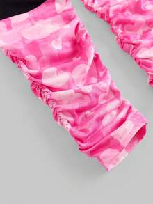 SHEIN Explorewe 2pcs Set Tween Girl Fuchsia Round Neck Portrait Print Top And Leggings, Plus Size - Hot Pink - View 8