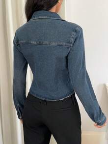 SHEIN PETITE 女士秋季时尚前扣系腰牛仔衬衫 - 深色水洗藍 - 查看 4