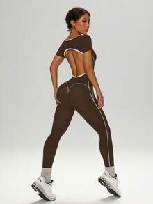 Dewbera Macacão Esportivo Sem Costas de Alta Elasticidade com Contraste de Cores, Moda, Fitness, Yoga - Castanho - Visão 6