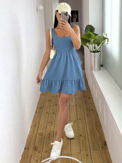 Vestido sin mangas de punto acanalado y parcheado unicolor para mujer