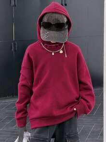 DAZY Tween Boy Casual Loose Solid Color Fleece Sweatshirt, Basic Style For Students, Cool Autumn