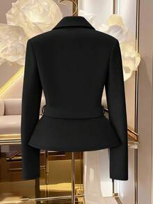 Franclia 女士优雅收腰长袖外套，带假口袋，秋冬款 - 黑色 - 查看 2