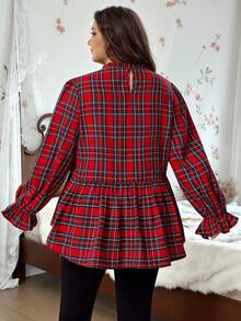 SHEIN CURVE+ 2025年圣诞节秋冬新款红色格纹印花女式梭织衬衫加大码 - 紅色 - 查看 7