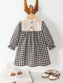 SHEIN Vintaside Kids 女婴复古优雅棕色格子灯芯绒荷叶边长袖连衣裙，适合休闲、优雅、可爱的日常穿着 - 棕色 - 查看 2