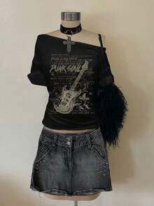 Attitoon Women's Casual Guitar Rock Print Loose-Fitting T-Shirt, Perfect For Summer And Autumn Wear. - Black - View 6