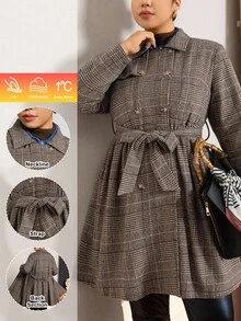 Zelara Plus Size Women Houndstooth Print Long Sleeve Double-Breasted Belted Elegant Coat, Autumn Winter Long Casual Winter Coat Casual Fleece Coat, Comfortable And Warm From The Cold, Comfortable And Warm From The Cold, 2025 New - Brown - View 5