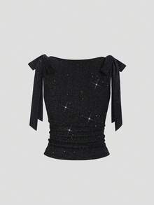 Sweetra 新款时尚百搭秋冬黑色亮面圆领蝴蝶结露肩无袖修身上衣，优雅可爱，适合新年派对、约会、通勤、日常穿着。 - 黑色 - 查看 2