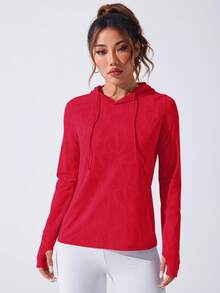 Easithlete Basic Drawstring Sweatshirt For Yoga Red Workout Top Red Activewear Workout Sweatshirts Women Gym Long Sleeve Tops - Red - View 4