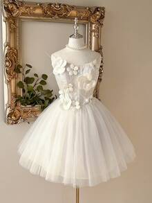 Lovelzi Elegant And Luxurious White Sequined Embroidered Mesh Dress, Handmade Three-Dimensional Flower Pearl Embellishments, Sailboat Neckline With Multiple Boning, Slim A-Line Silhouette, Short Style, Suitable For Weddings, Bridal Gowns, Formal Occasions, And Gift Parties (Heavy-Work Design). - White - View 3