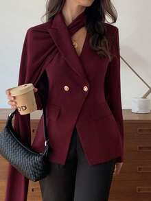 Elyressa Blazer de mujer estilo francés para ir al trabajo, con cuello de solapa asimétrico, manga larga y cintura ceñida, con decoración de hebilla de metal - Rojo violeta - Ver 5