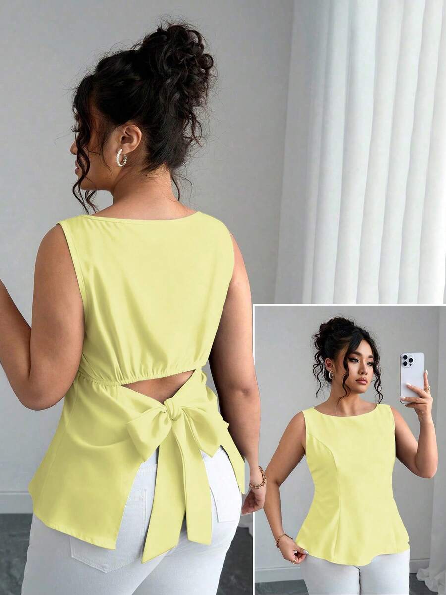 Elenzga Áo cánh hở lưng thanh lịch màu trơn cỡ lớn cho nữ - Vàng nhạt - Xem 1