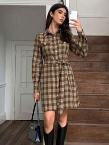 Elyressa Retro Checkered Lapel Button-Up Dress - Coffee - View 6
