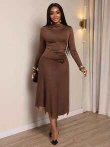 Xyvia Váy chữ A xếp ly lưới vá hở vai cổ cao tay dài màu nâu nguyên chất thời trang mới, thích hợp cho tiệc tốt nghiệp, sự kiện ngày lễ, hẹn hò và các dịp khác - màu nâu - Xem 4