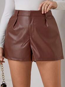 Chikora Plus Size Solid Color Pleated Waist Belt Loop Straight Loose Casual Shorts - Camel - View 1