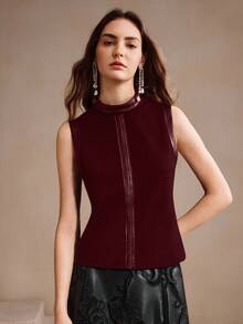 Anewsta 女士优雅休闲无袖立领背心，适合秋季、秋季、新年 - 紅色 - 查看 2