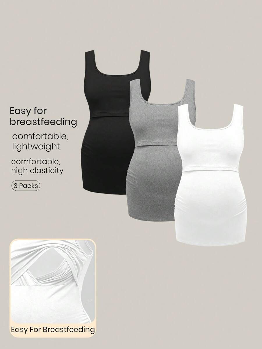 Modmama Maternity Solid Color Square Neck Nursing Camisole Vest - Grey - View 1