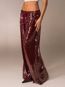 Avantive 秋冬万圣节圣诞节新年外出毕业舞会优雅正式奢华别致商务休闲生日/办公室阔腿亮片酒红色抽绳腰宽松裤 - Red Plum - 查看 4