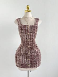 Elamini 女士优雅派对连衣裙，无袖收腰设计，斜纹软呢面料，饰有金属3D花朵，适合秋冬季日常穿着、派对、约会、通勤，百搭时尚。 - 彩色 - 查看 5