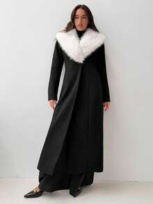 Aloruh Women's Elegant Long Overcoat With Fur Collar, Autumn/Winter Winter Elegant Casual - Black - View 3