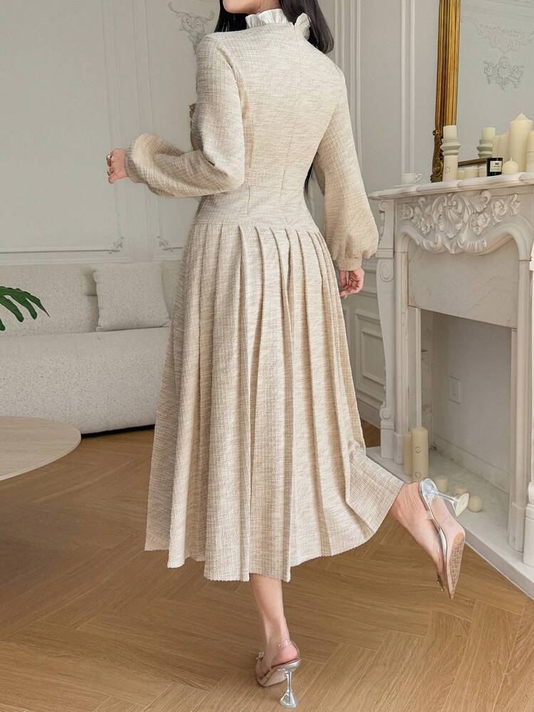 Women's Elegant Color Block Frill Trim Button Long Dress, Autumn/Winter Maxi Dress