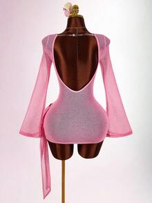 Amplova Rochie mini pentru femei, cu mânecă lungă, confortabilă, cu guler înalt, rochie mini sexy fără spate, potrivită pentru picnicuri de primăvară și drumeții - Galben de gâscă - Vizualizare 2