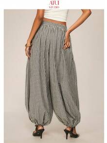 ATUI Studio Women's Elastic Waist Loose Plaid Casual Pants Baggy, Balloon Pants With Black Plaid, Casual Commuting Pants
