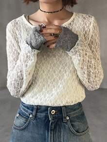 FRIFUL Women's Contrast Color Round Neck Long Sleeve Sheer Lace Fabric Layered Casual Versatile Top, Autumn/Winter - White - View 6