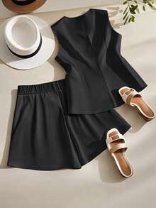 Franclia Summer Elegant Commuter Solid Color Vest & Shorts 2 Pieces Set Clothes For University