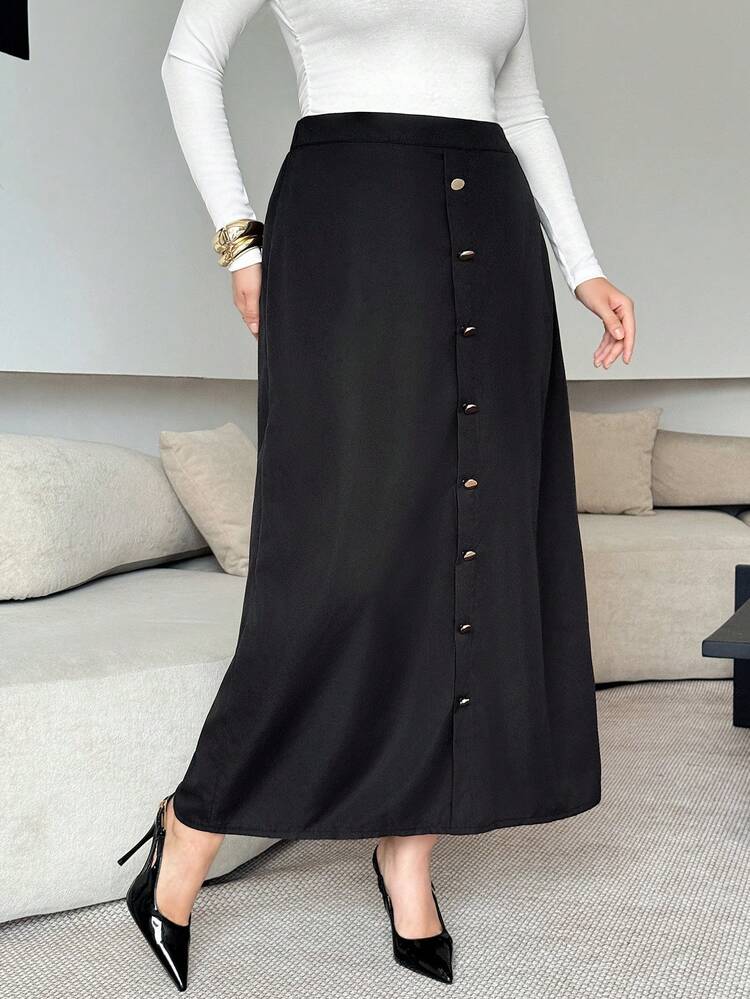 Modelyn Plus Size Women Solid Color Button Design Casual Commuter Skirt - Black - View 4