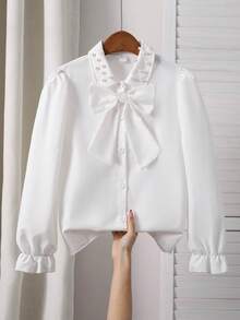 SHEIN Elladie kids 女童珍珠装饰肩部可拆卸蝴蝶结上衣，宽松版型，活力风格，舒适面料，适合搭配背带裙叠穿或单穿，春秋季 - 白色 - 查看 1