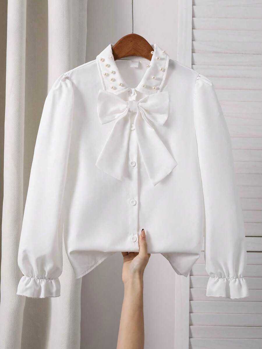 SHEIN Elladie kids 女童珍珠装饰肩部可拆卸蝴蝶结上衣,宽松版型,活力风格,舒适面料,适合搭配背带裙叠穿或单穿,春秋季 - 白色 - 查看 1