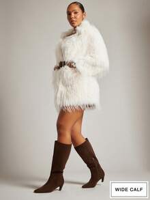SHUZIA 女士宽筒性感尖头仿麂皮过膝长靴，复古缝线侧拉链猫跟设计 - 棕色 - 查看 1