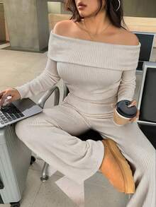 SHEIN EZwear 大码休闲家居服简约露肩罗纹两件套 - 卡其色 - 查看 6