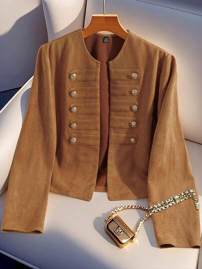 SHEIN LUNE Plus Size Women Equestrian Style Long Sleeve Metal Button Blazer Winter Party Graduation Elegant Winter Christmas For Women Comfortable And Versatile