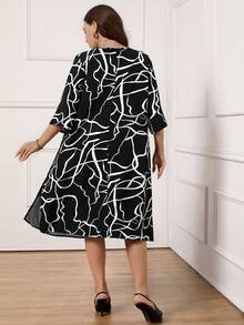 Miaspire 加大码女式妈妈几何拼接荷叶边袖宽松连衣裙，冬季服装，冬季连衣裙