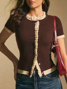 Poéselle Áo khoác cardigan dệt kim gân sọc cài nút phía trước viền tương phản dành cho nữ, áo len nữ màu nâu sô cô la, áo dệt kim mùa xuân dành cho nữ. - màu nâu - Xem 7