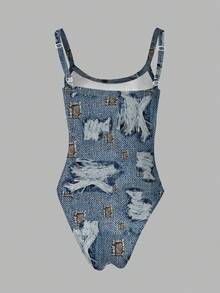 Rovax Women's Fashionable Sexy Denim Effect Print Bodysuit - Multicolor - View 2