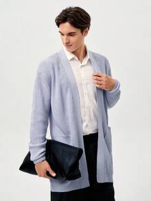 RONVEXI Loose Fit Men's Solid Ribbed Knit Duster Cardigan - Dusty Purple - View 3