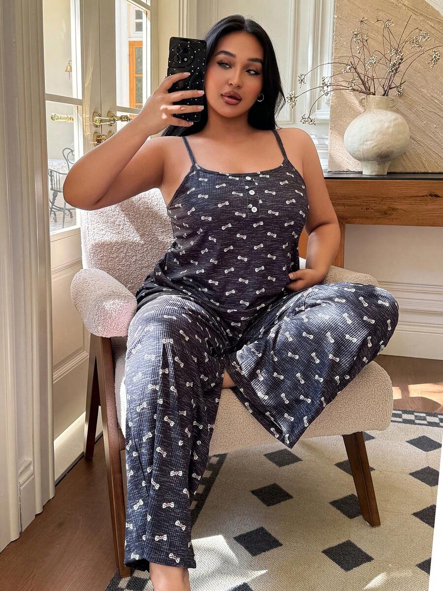 SHEIN 2pcs/Set Butterfly Ditsy Floral Camisole And Pants Set, Sexy Style, Spring/Summer - Grey - View 1