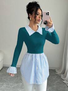 Elenzga Women's Striped Collared Long Sleeve Knit Patchwork Blouse - Multicolor - View 6