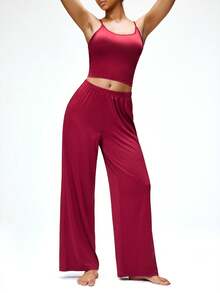 SHAPORA Women's Solid Color Cropped Camisole And Pants Casual Pajama Set - Red Violet - View 5