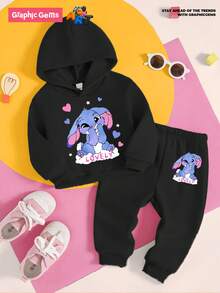 GraphicGems 2 件套女婴兔子卡通动物图案印花连帽卫衣和长裤套装，秋冬基本日常装 - 黑色 - 查看 1