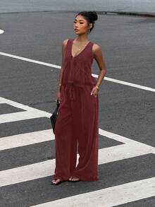 Muchica Bộ đồ lót và quần dài cổ chữ V họa tiết bông tuyết cổ điển dành cho nữ, mùa hè - Màu Đỏ Sâu - Xem 4