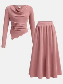 SHEIN Tween Girls 2pcs Set Asymmetric Hem Long Sleeve Top With A-Line Midi Skirt, Elegant Vintage Style For Outing And Party Graduation Dress, Casual Daily Wear - Dusty Pink - View 4